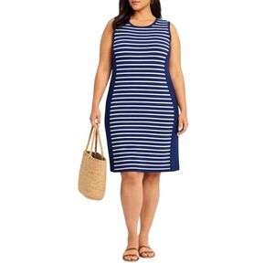 Rouge Collection 2X Blue White Striped Knee Length Dress